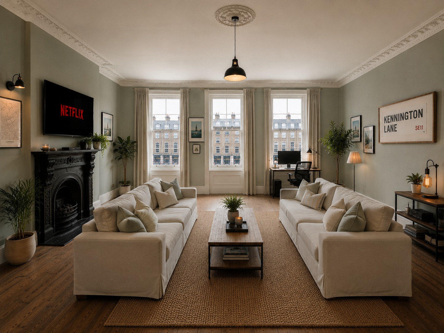 The Residents' Lounge — sage green sitting room with twin cream sofas, smart TV and period fireplace