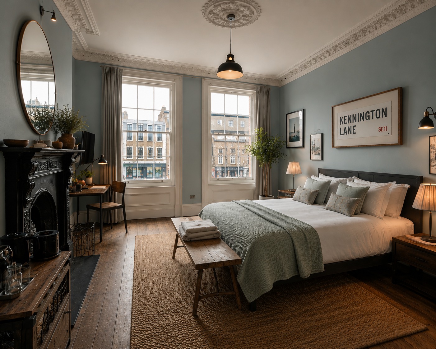 The Bluebird Room — duck-egg blue boutique bedroom with twin sash windows