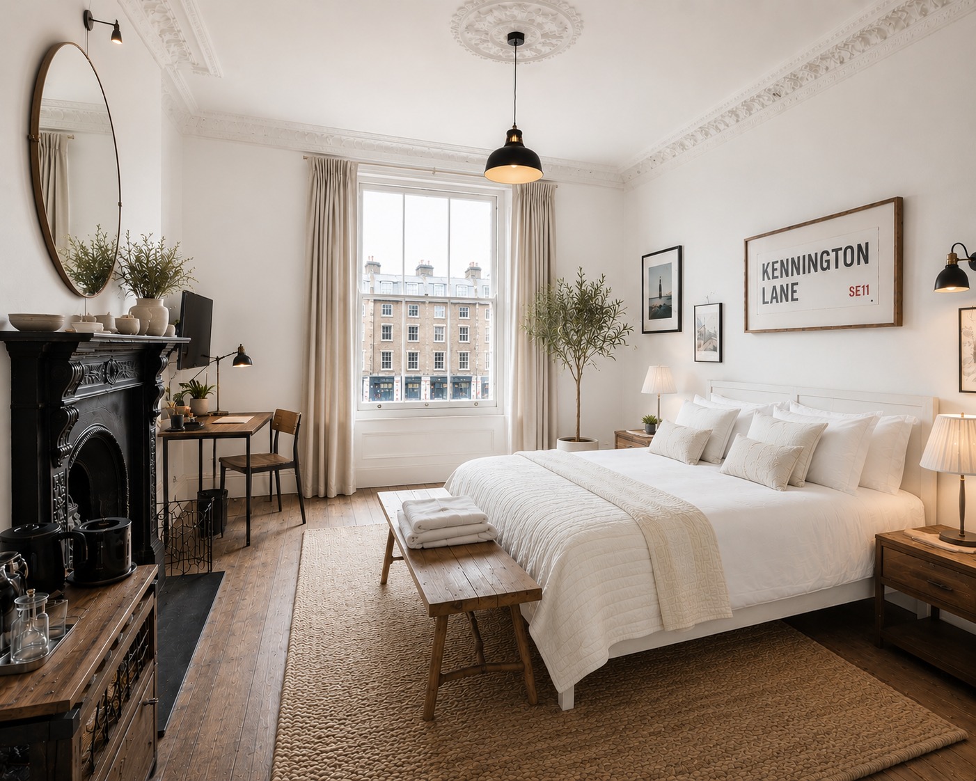 Heritage boutique bedroom at Eagle House with original fireplace and sash windows